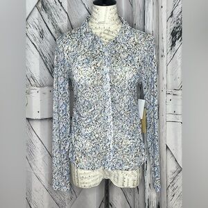 NWT Halogen Sheer Mesh Button Down Floral Blouse M